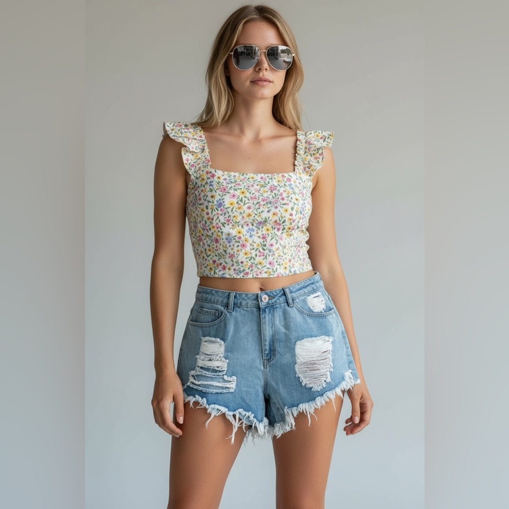 Shein Curve Denim Shorts Distressed Frayed Hem‎ Plus Size 0XL Summer Boho